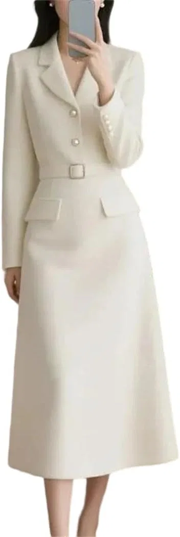 Женское французское свободное платье-жакет с длинным рукавом, White