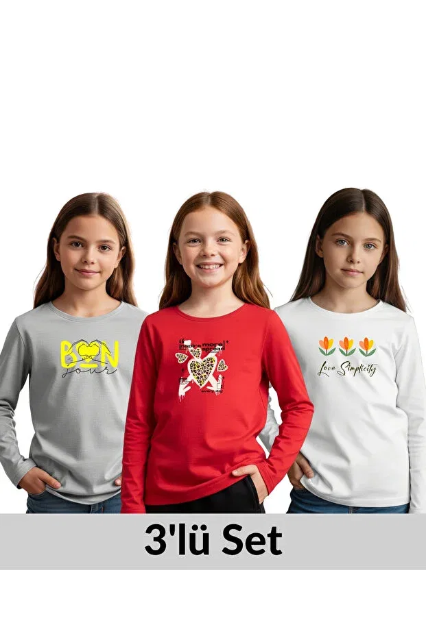 Детский комплект свитшотов для девочек с принтом Fyk Kids, Gray-Red-White