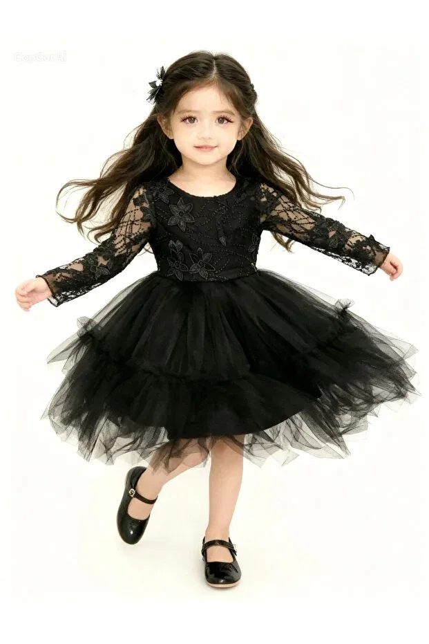 Детское платье для девочек кружевное Lace tulle buckled puffy evening dress please order one size up Lunas Tekstil, Black — фото 3