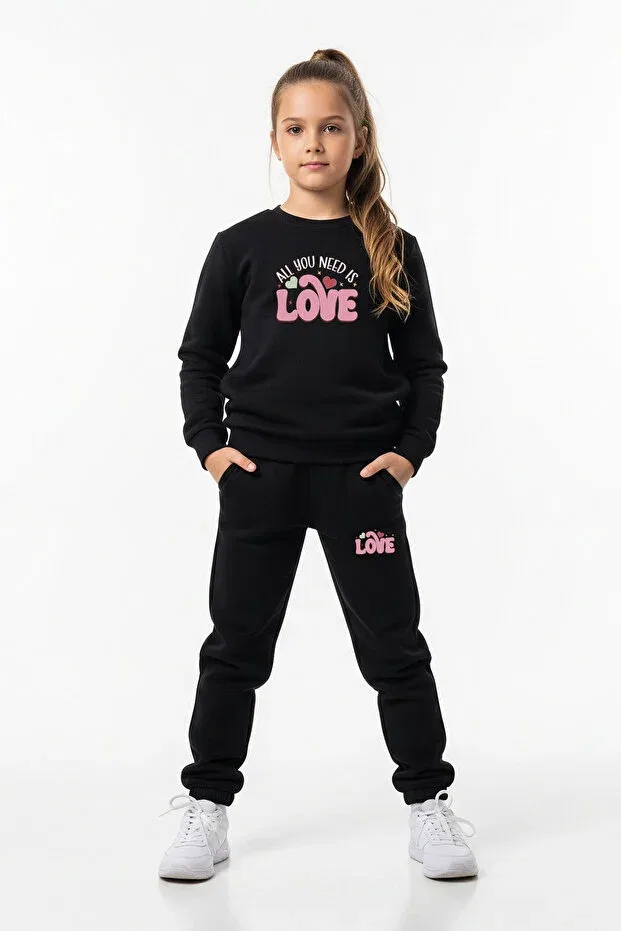 Детский спортивный костюм для девочек с принтом Plain Round Neck Lowe Text Printed Fyk Kids, Black