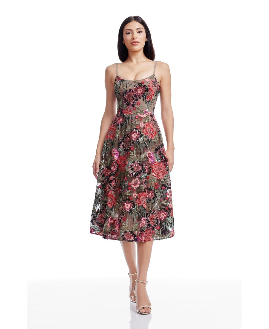 

Женское платье Uma без рукавов, приталенного силуэта с расклешенной юбкой Dress the Population, Rouge Multi