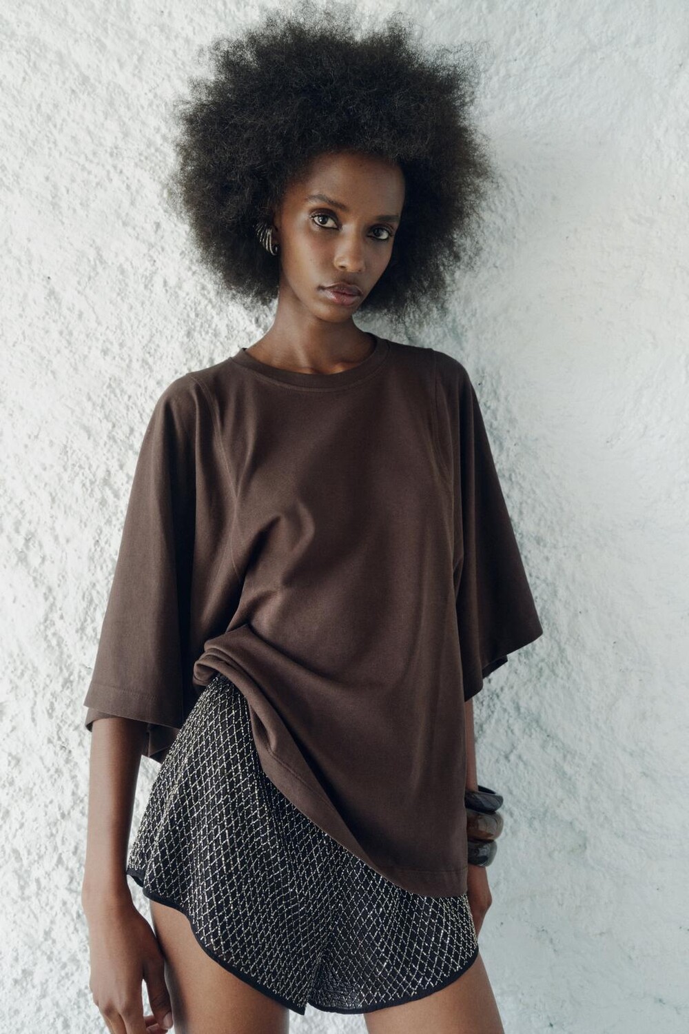 

Хлопковая футболка с рукавами кимоно ZARA, шоколад