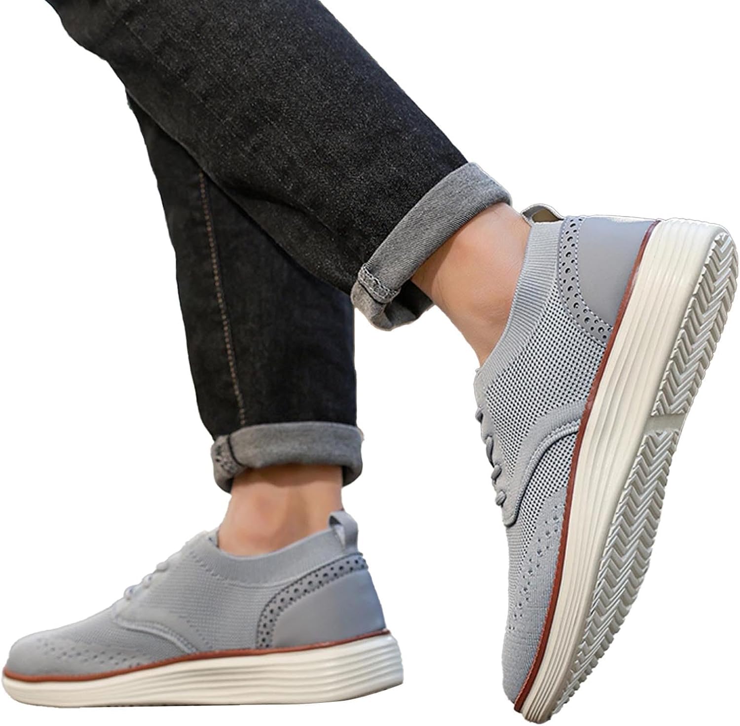 Мужские кроссовки Oxfords, легкие вязаные слипоны на шнуровке, сетчатые лоферы, классические нескользящие кроссовки для спорта, тренажерного зала, тенниса и ходьбы Xjypuu2, серый — фото 4