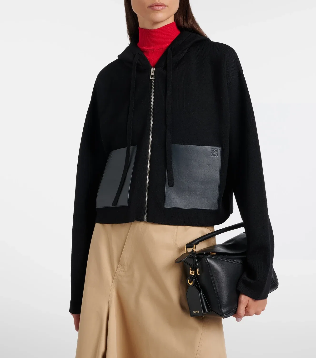 Худи из шерсти с кожаной отделкой LOEWE, черный — фото 2