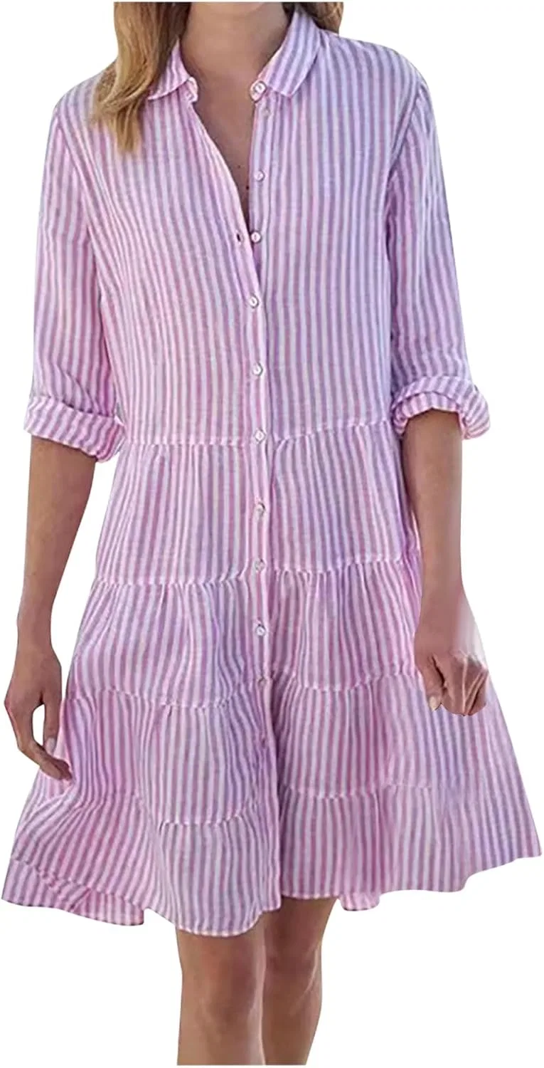 Женское повседневное платье с запахом, в полоску, Button Down Dress, Pink