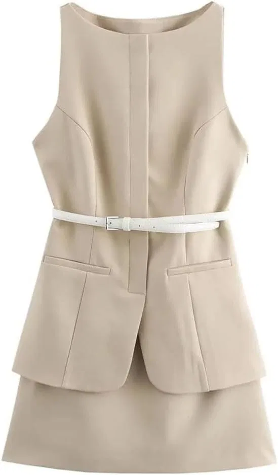 Женское A-силуэта мини-платье без рукавов с поясом Khaki — фото 3