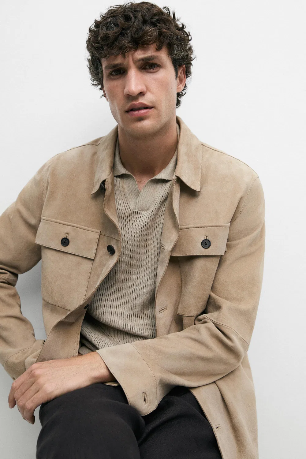 Рубашка Massimo Dutti, из замшевой кожи, бежевый — фото 4