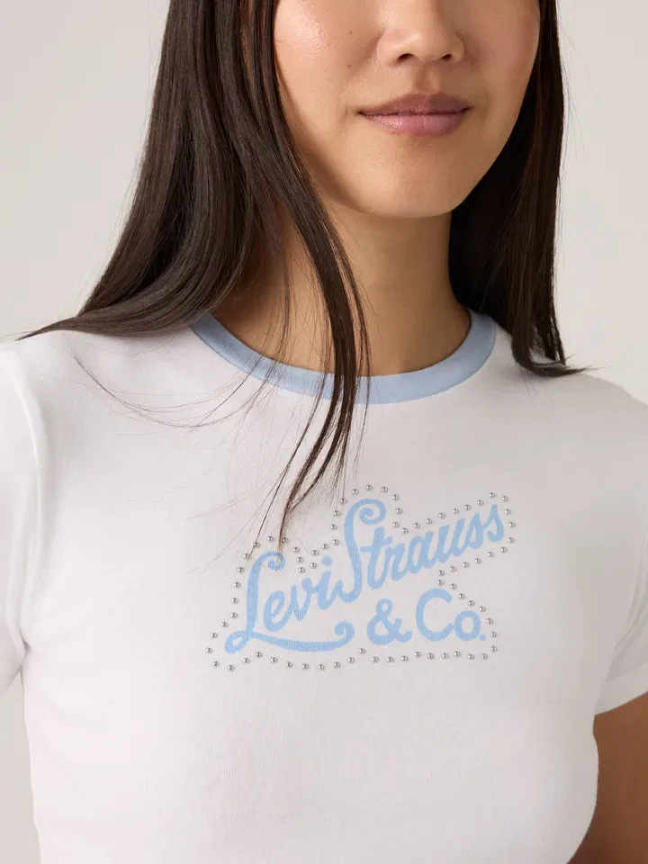 Женская облегающая хлопковая футболка Levi's, White/Light Blue — фото 4