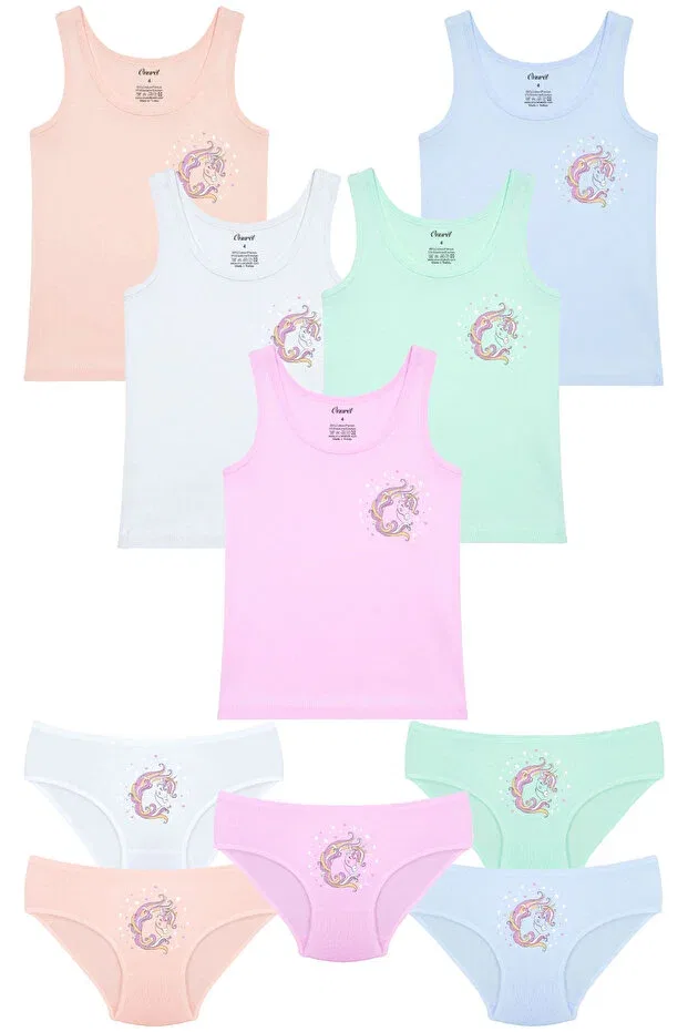 Детский комплект трусов для девочек с принтом 5-Piece Printed Lycra Girls' Wide Strap Children's Athlete Underpants Set Onurel, Unicorn