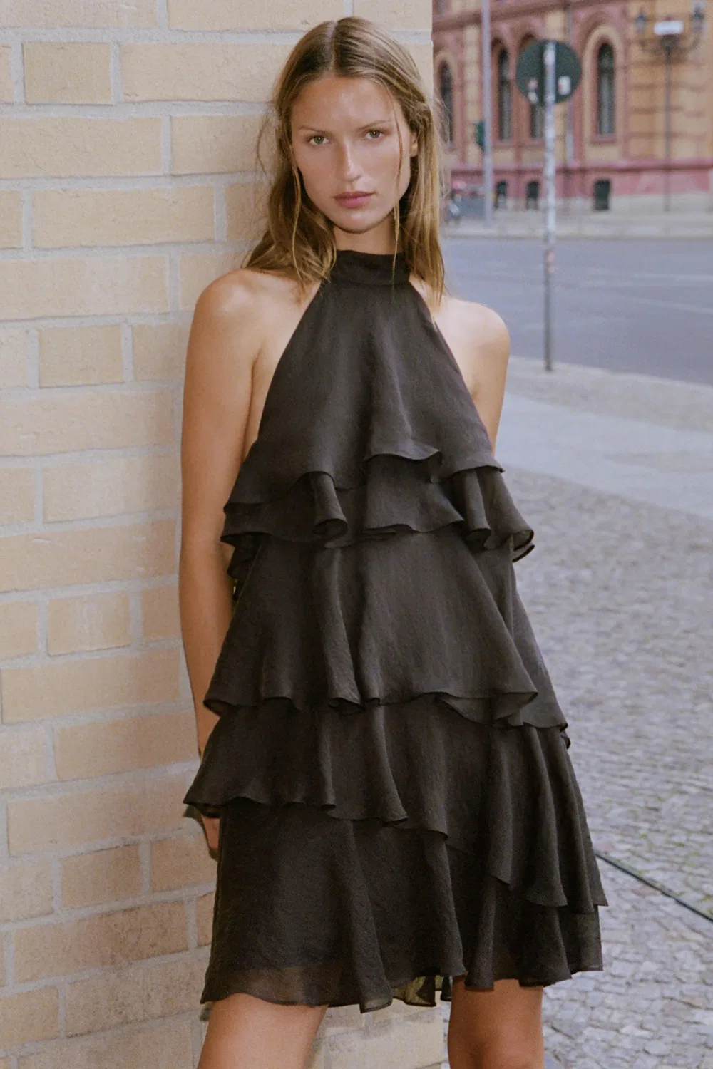 Короткое платье с оборочками ZARA, Brown