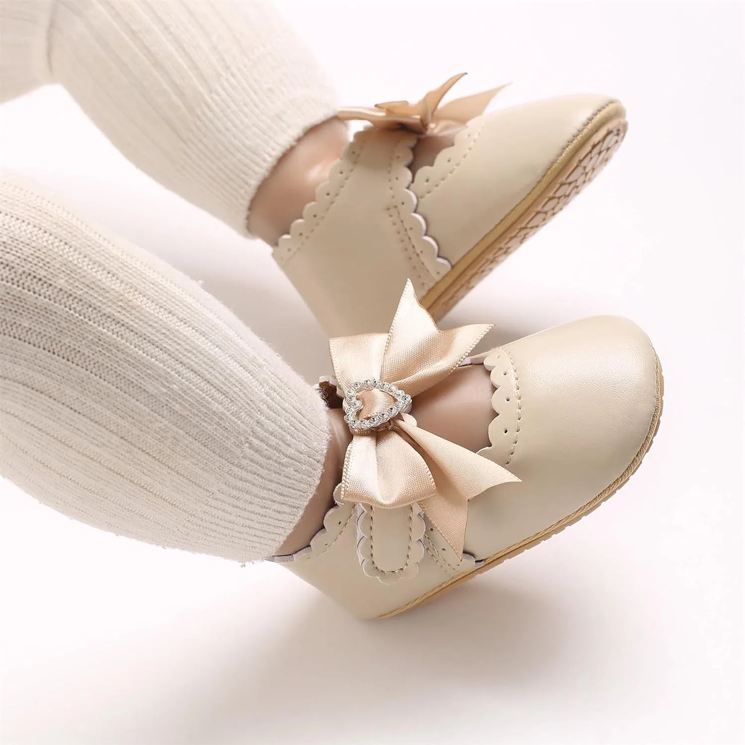 Детские туфли Мэри Джейн для девочек с принтом Rhinestone Heart Bow WaiHeikki, Khaki — фото 3