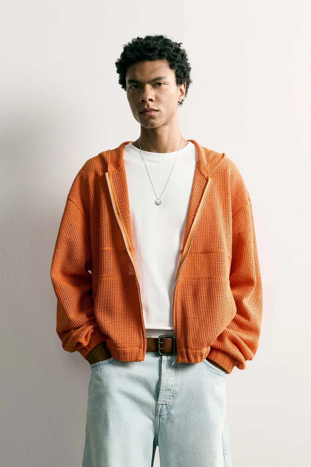 Рубашка свободного кроя из ажурной вязки ZARA, Orange — фото 2