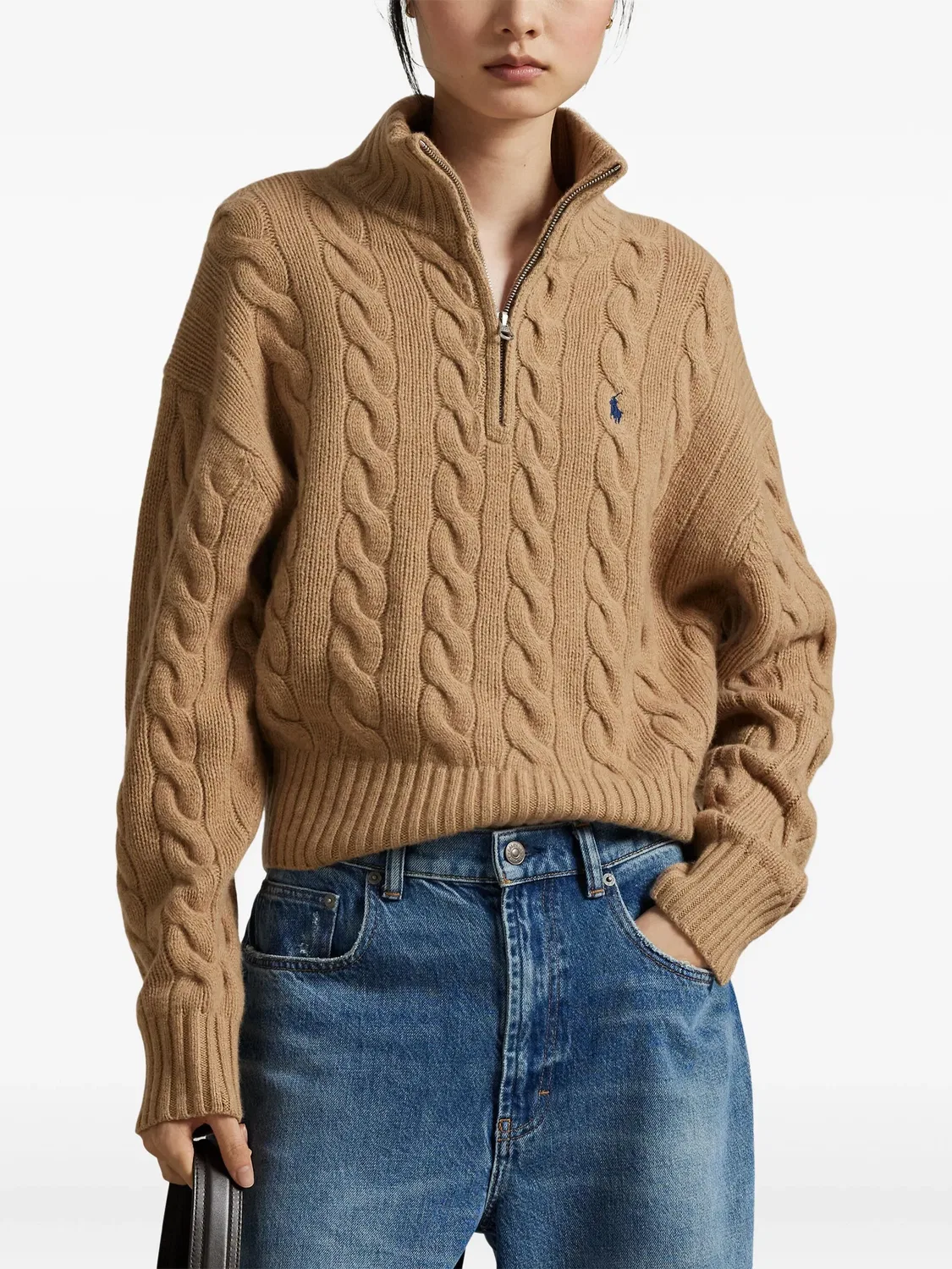 Свитер с кабельным вязанием и высоким воротником Polo Ralph Lauren, верблюжий бежевый — фото 2