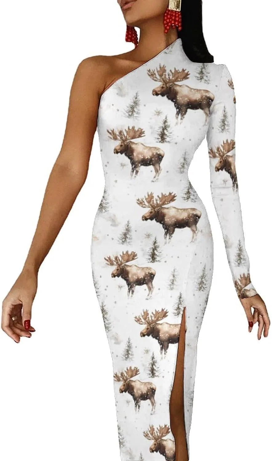Женское коктейльное платье с одним рукавом Moose in Winter Day, Style