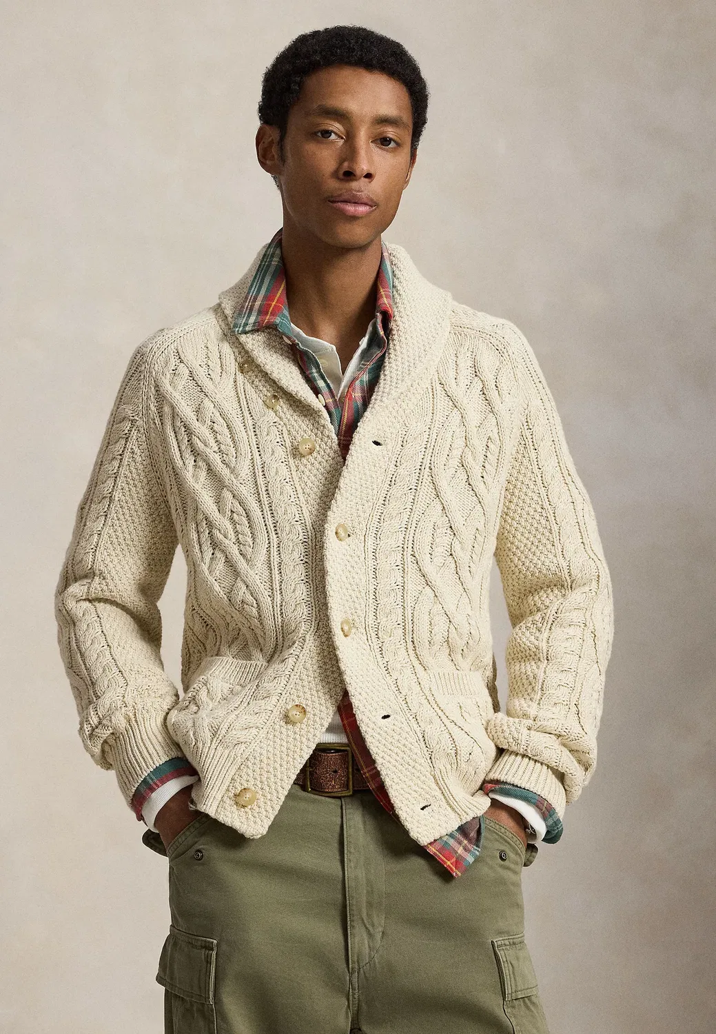 Хлопковый кардиган-шаль арановой вязки - кардиган Polo Ralph Lauren, Oatmeal Combo