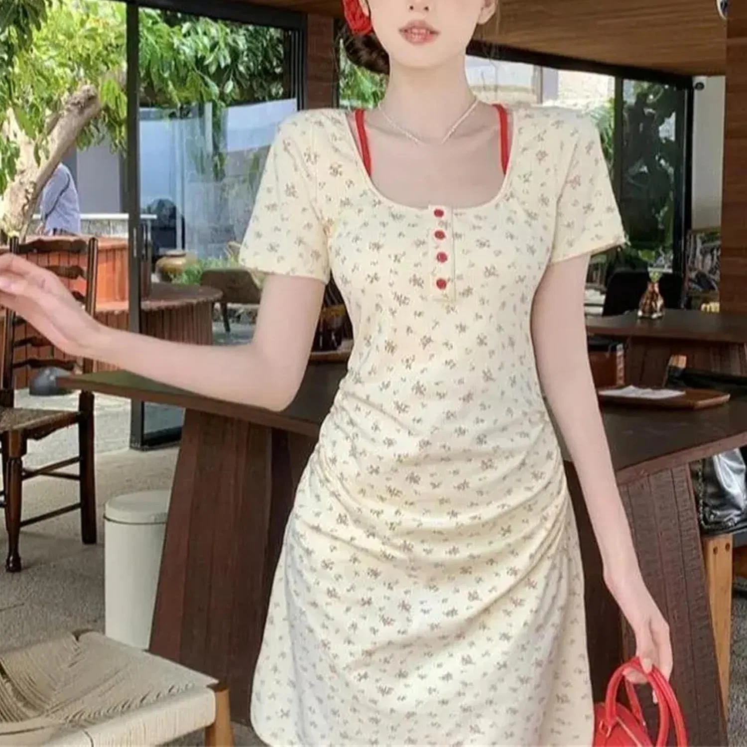 Женское миди-платье с цветочным принтом Slim French Waist, Apricot — фото 3
