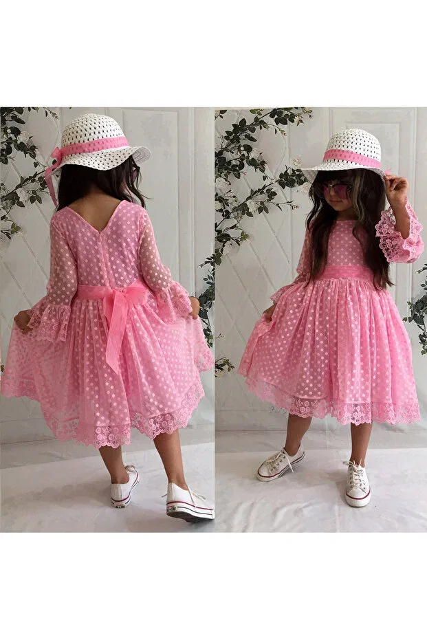 Детское платье для девочек кружевное с длинным рукавом Mixie, Pink — фото 4
