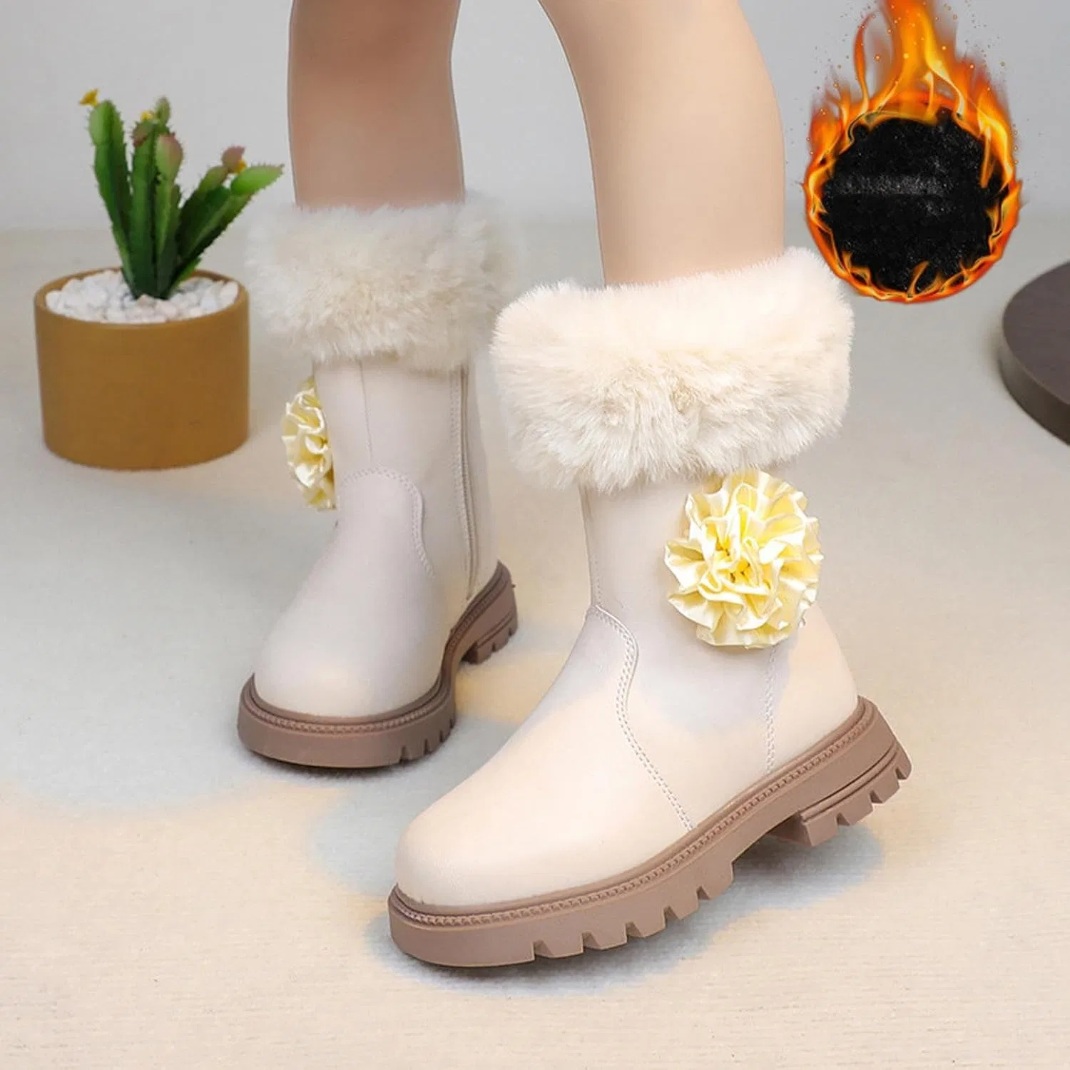 Детские сапоги для девочек с меховой подкладкой Ctreela, Beige — фото 2