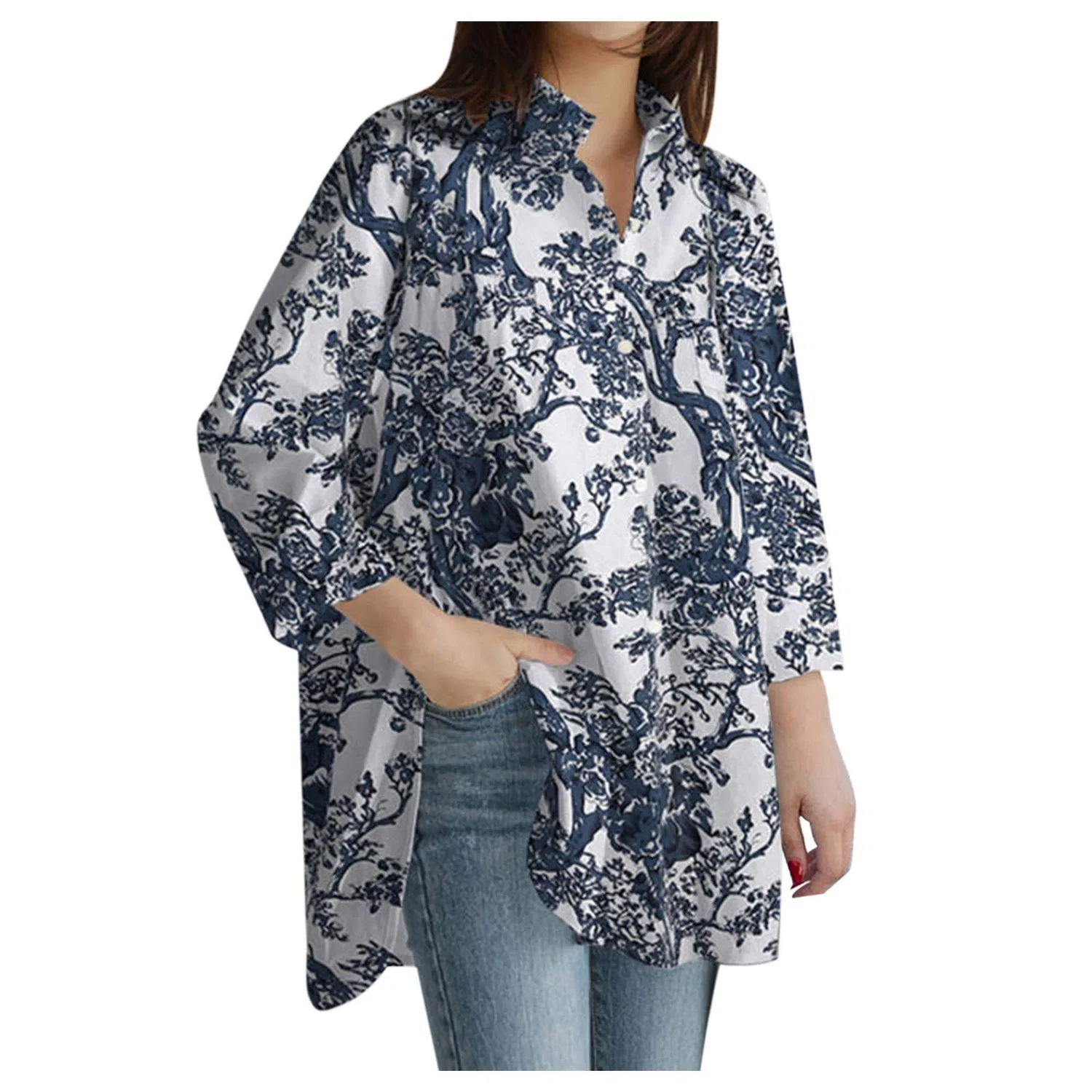 Женская блузка с длинным рукавом с боковыми разрезами, Z02 White Floral