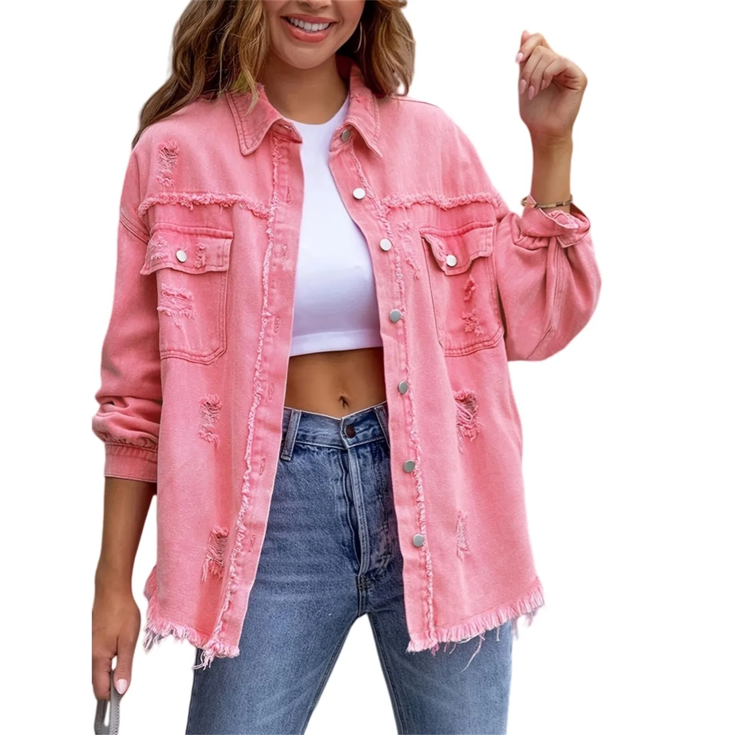 Женское джинсовое пальто с бахромой Western Shacket, rosa