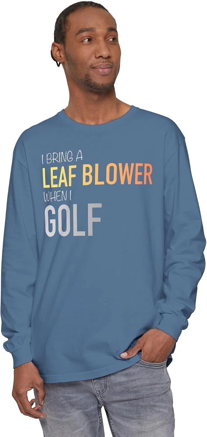 Женская футболка с длинным рукавом с принтом I Bring A Leaf Blower When I Golf Comfort Colors, Blue Jean — фото 2