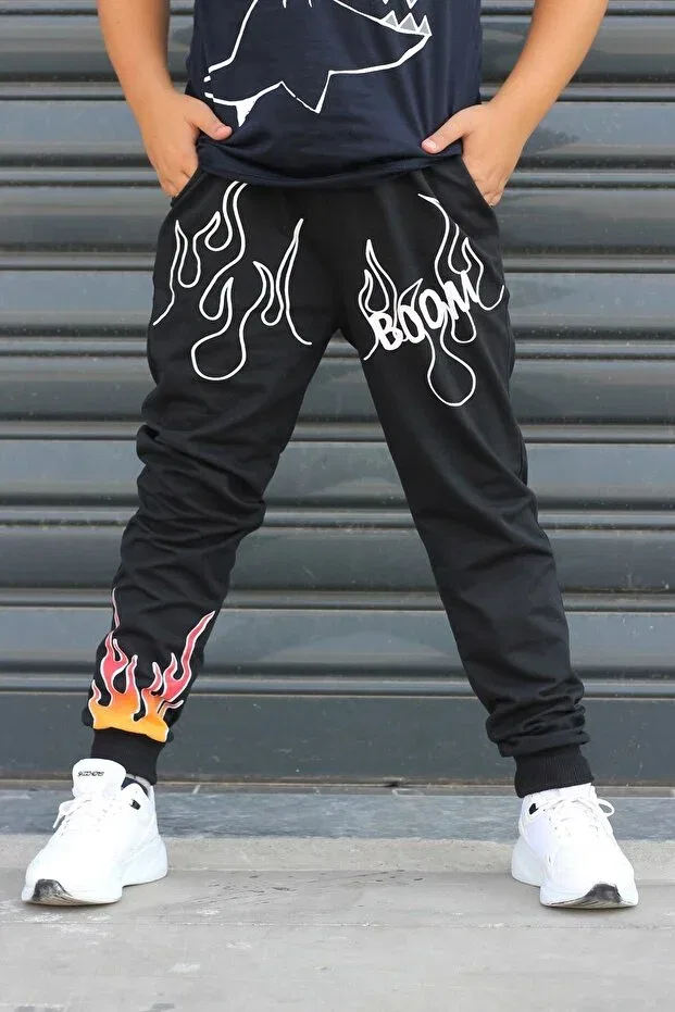 Детские спортивные штаны для мальчиков с принтом Boom Lettered Flame, Çiggo Kids, Siyah