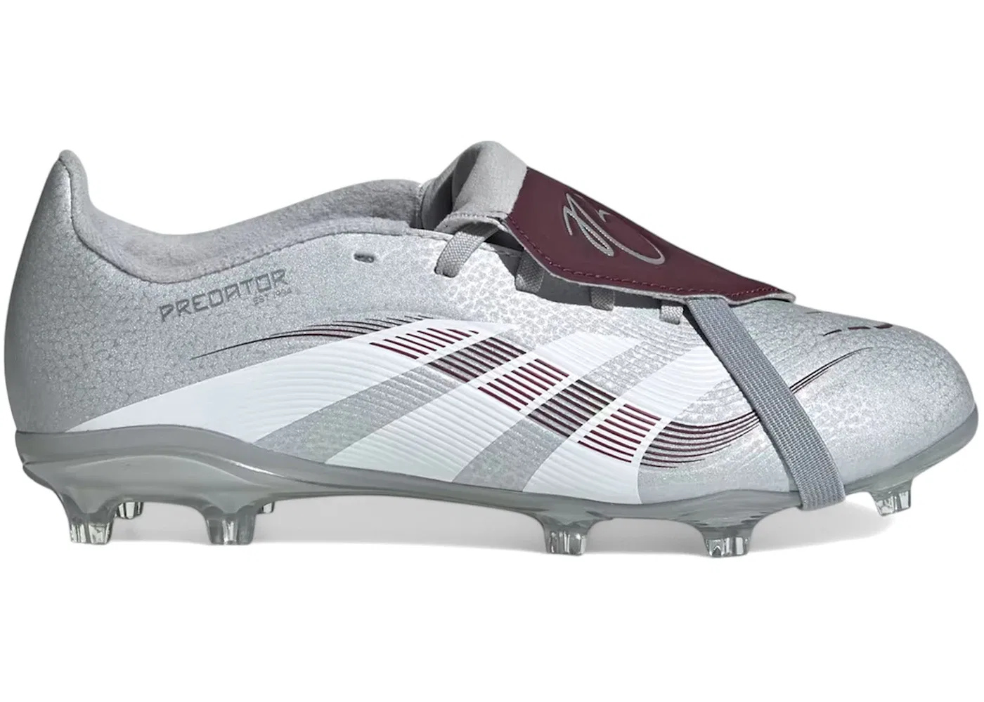 Детские бутсы с фиксированным язычком Predator League Fold-Over Tongue FG/MG Adidas, Silver Metallic/Legacy Burgundy/Maroon