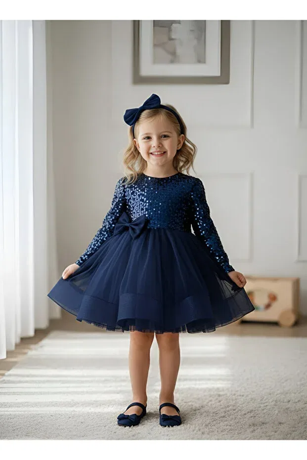 Детское платье для девочек с длинным рукавом Birthday party evening dress Mixie, Navy Blue