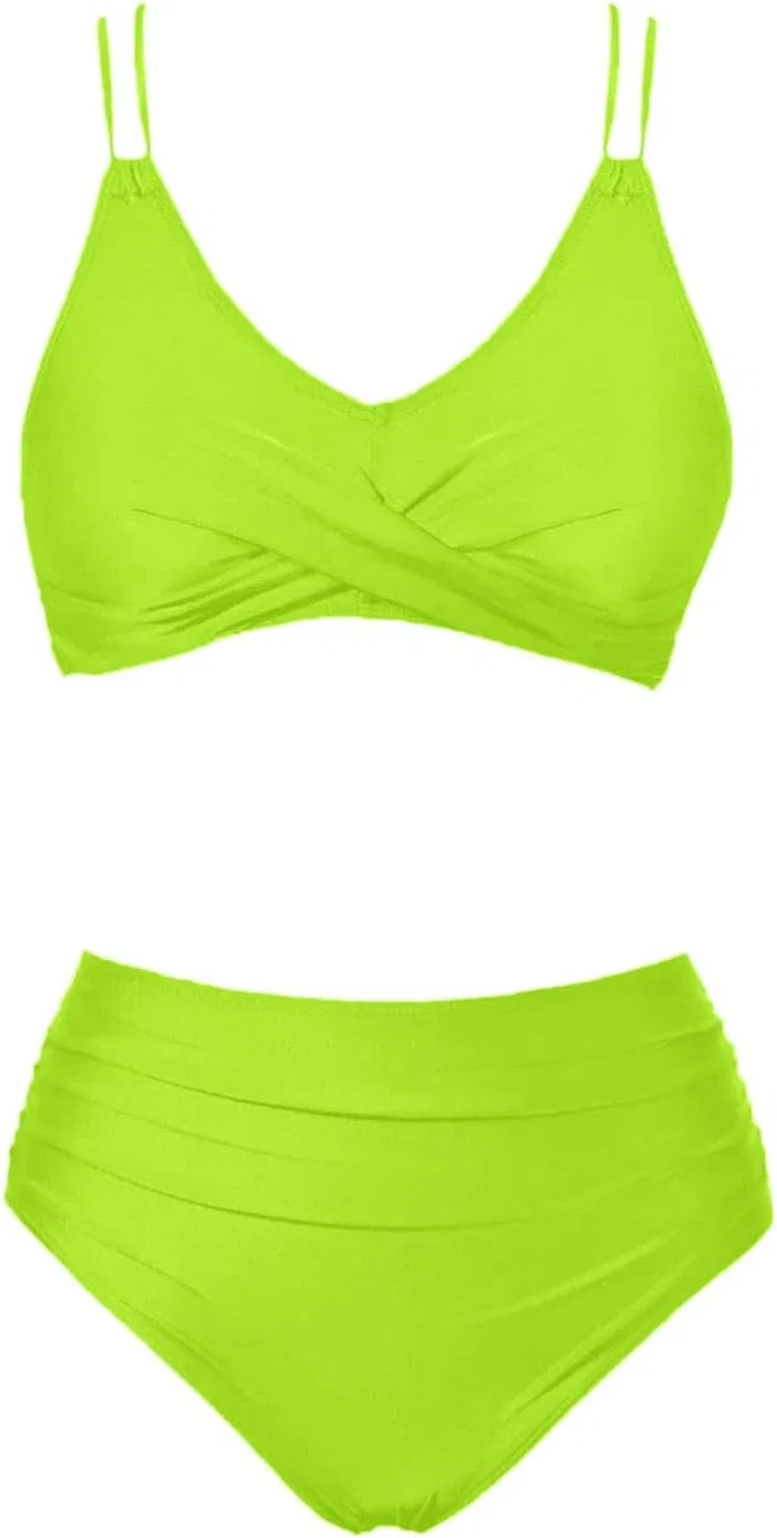 Женский бикини-комплект с высокой талией для контроля живота, Solid Color, Green — фото 3