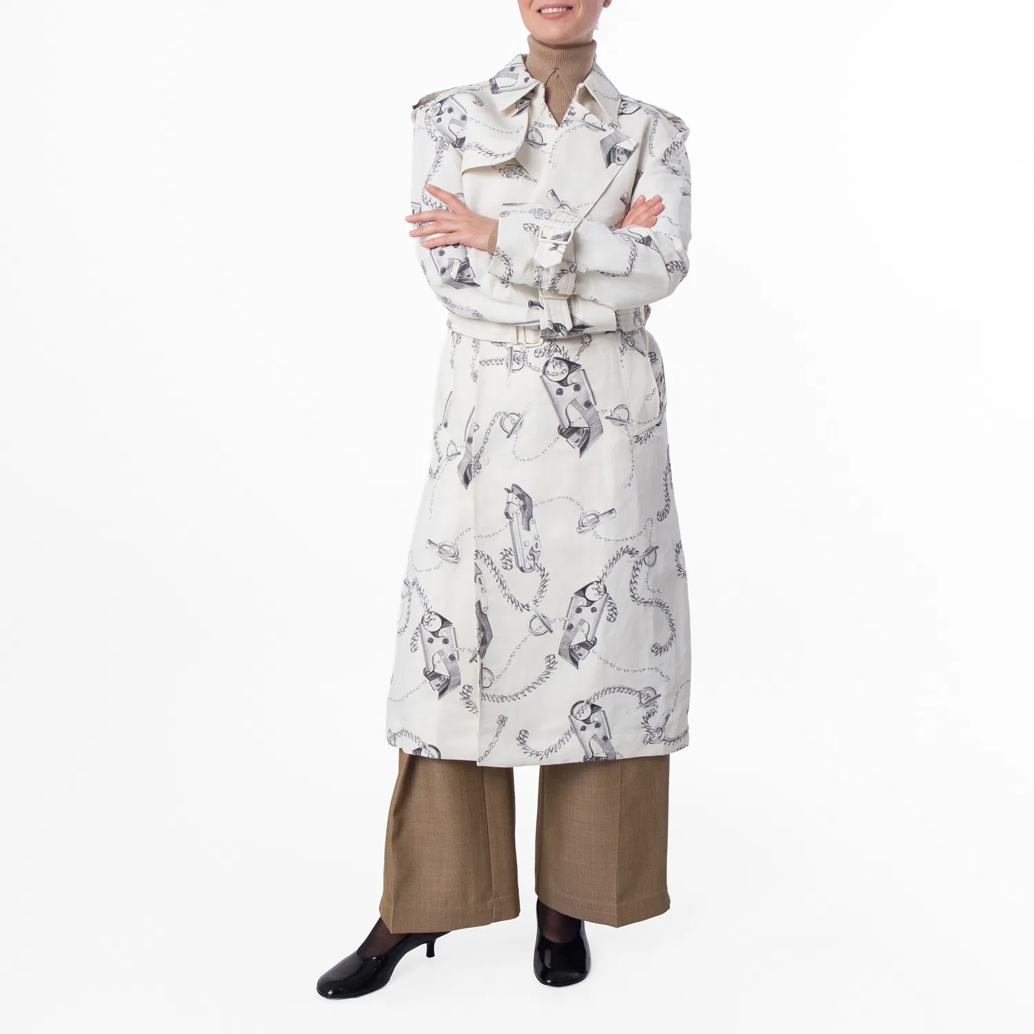Тренчкот с цепочным принтом Long Knight Hardware Tricotine Burberry, Silver/White