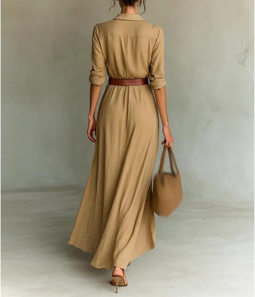 Женское платье-макси с длинным рукавом, Vintage Elegant, хаки — фото 3