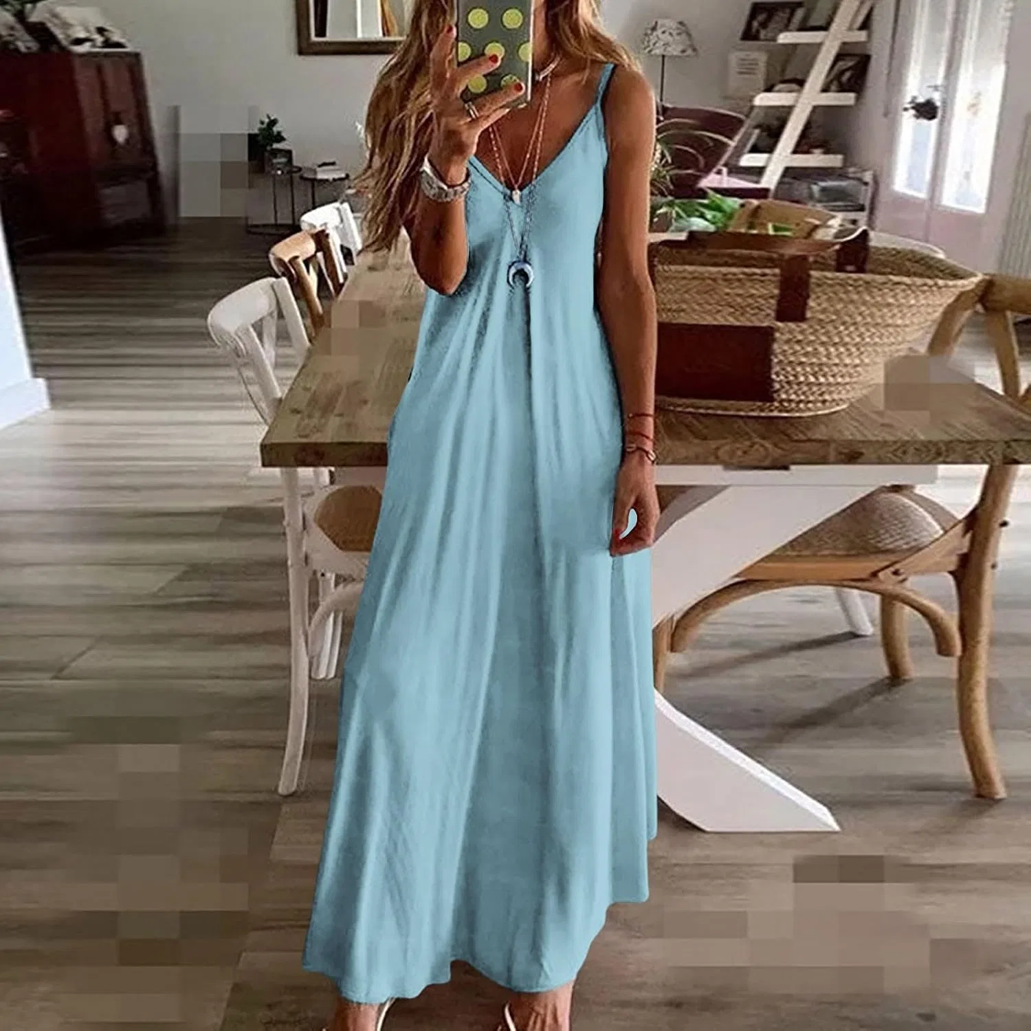 Женский летний сарафан с цветочным принтом на бретелях V-neck, Sky Blue — фото 2
