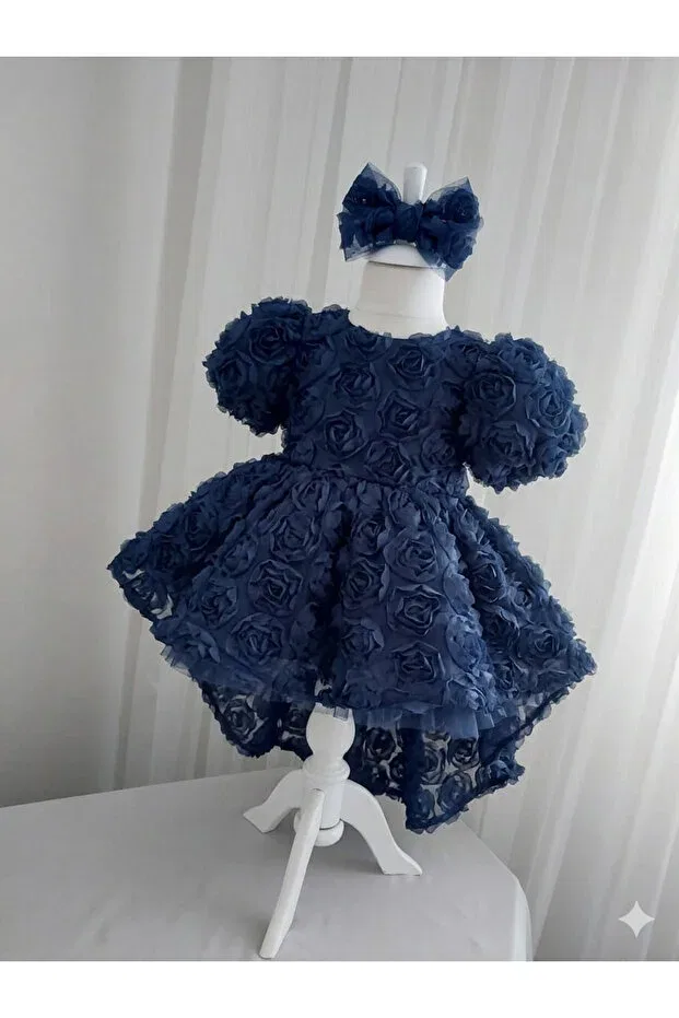Детское платье для девочек с принтом 3D Rose Tail Queen Tasarım, Navy Blue — фото 3