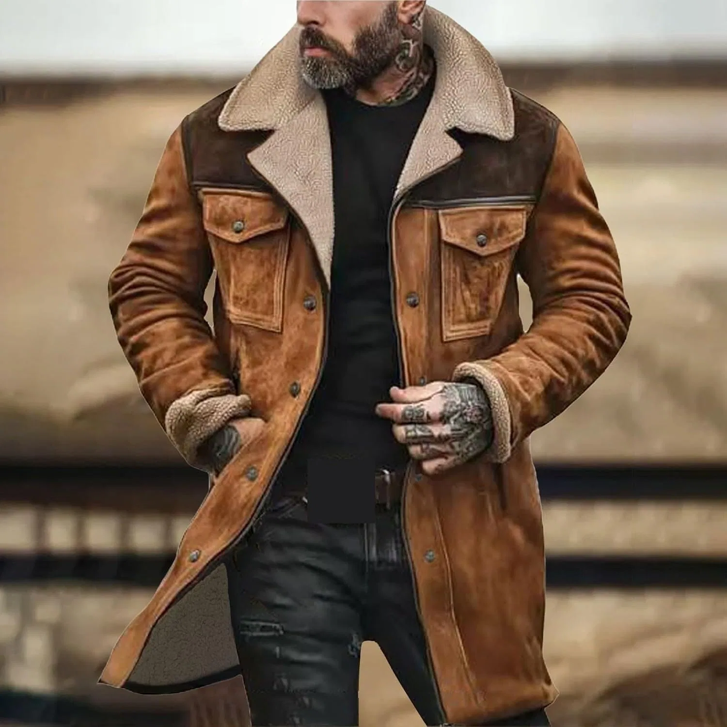 Мужская куртка из искусственной кожи с воротником, Vintage Suede Jacket, коричневый — фото 2