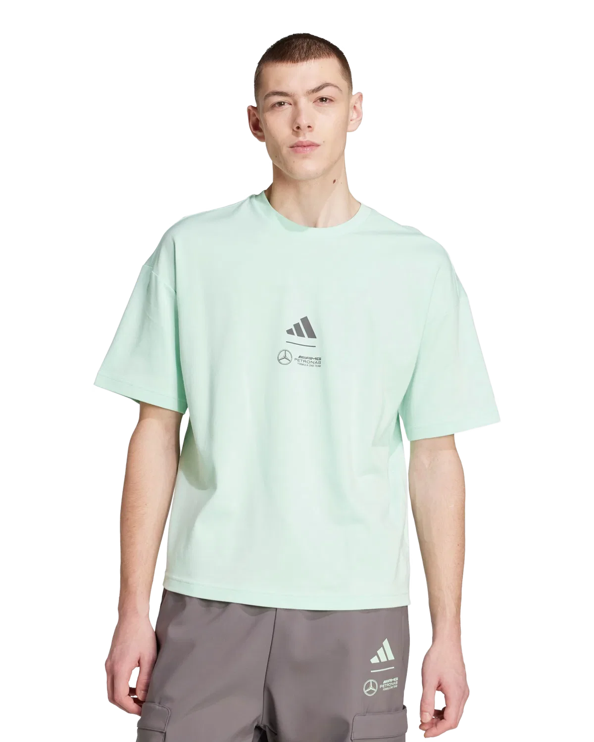 Мужская свободная футболка с принтом Mercedes-AMG Petronas Formula One Team Adidas, зеленый — фото 2
