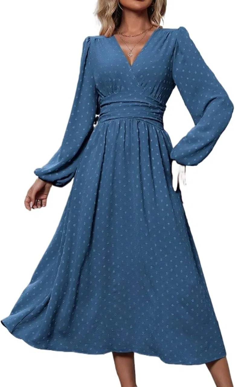 Женское платье миди с V-образным вырезом и фонариком рукавом, Dusty Blue