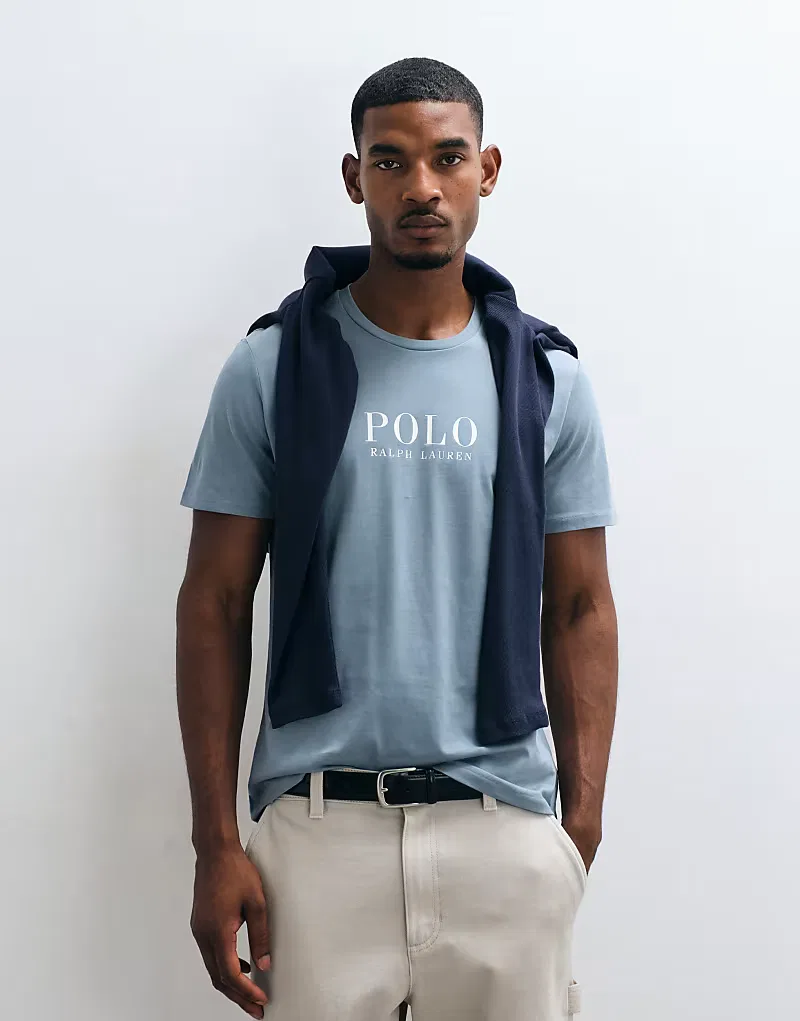 Домашняя футболка Polo Ralph Lauren светло-голубой с логотипом на груди — фото 3