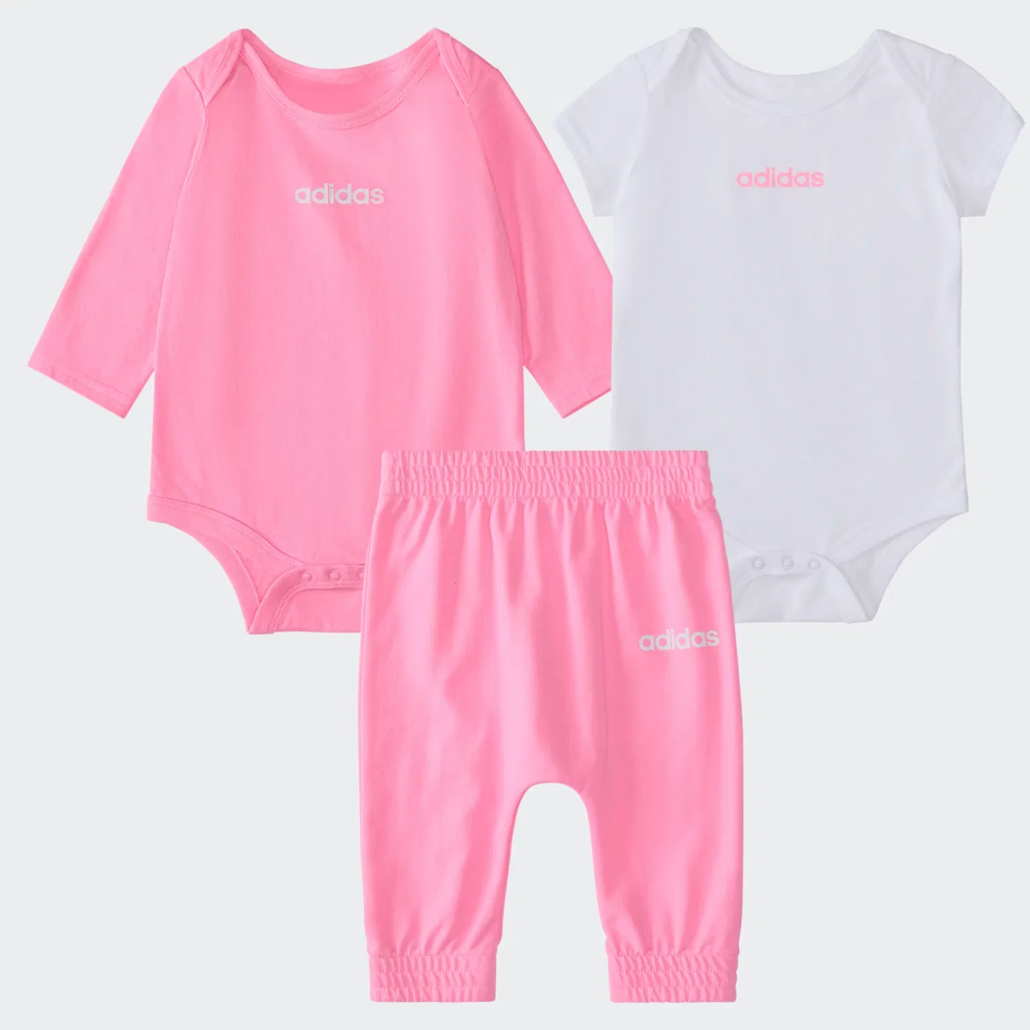 Детский комплект из двух боди и брюк с длинным и коротким рукавом Adidas Sportswear, розовый — фото 4