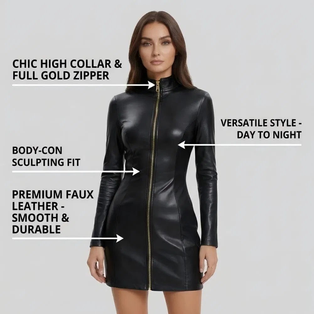 Женское мини-платье с молнией PU Leather Club Dress, Black — фото 4