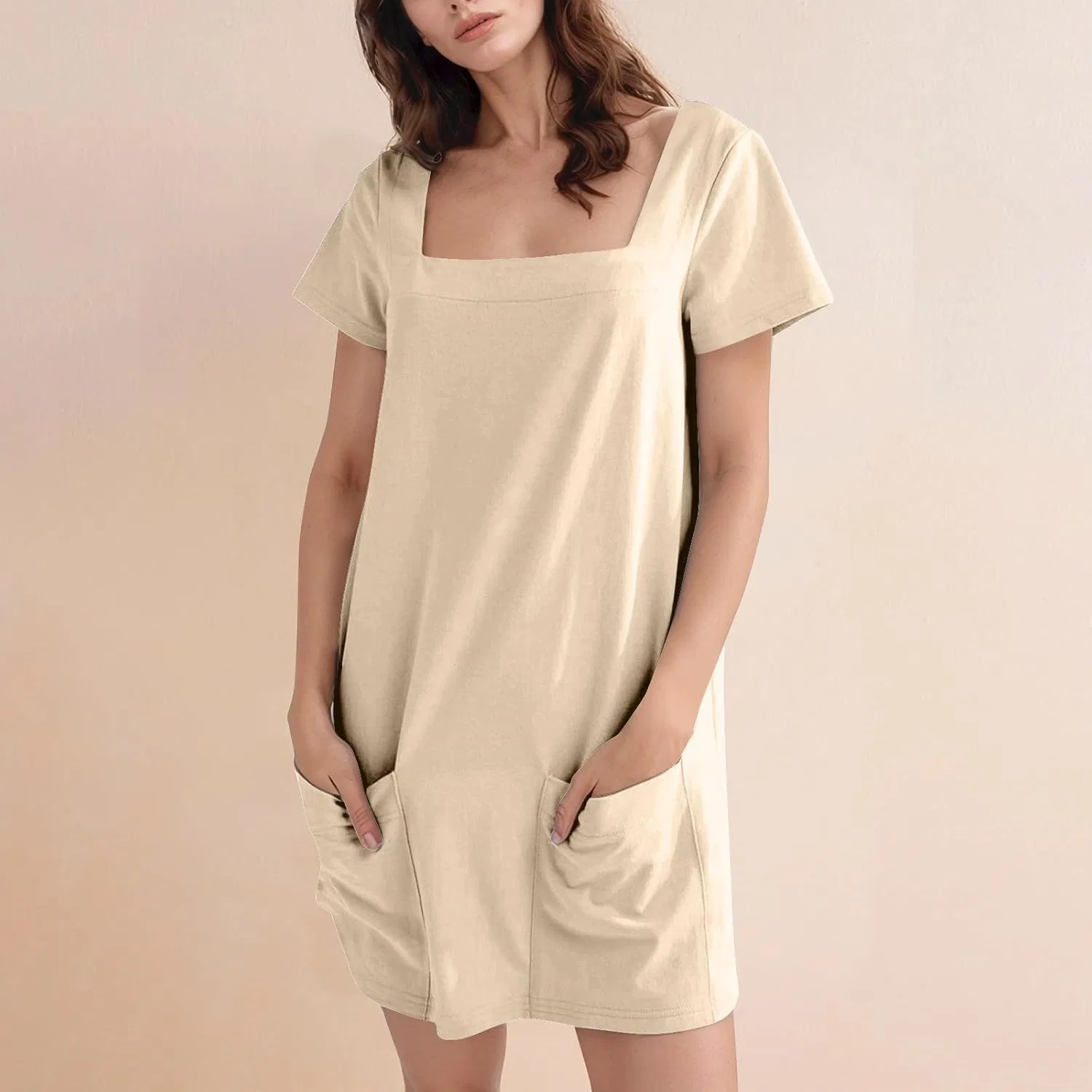 Женское летнее платье-футболка с квадратным вырезом, Beige — фото 3