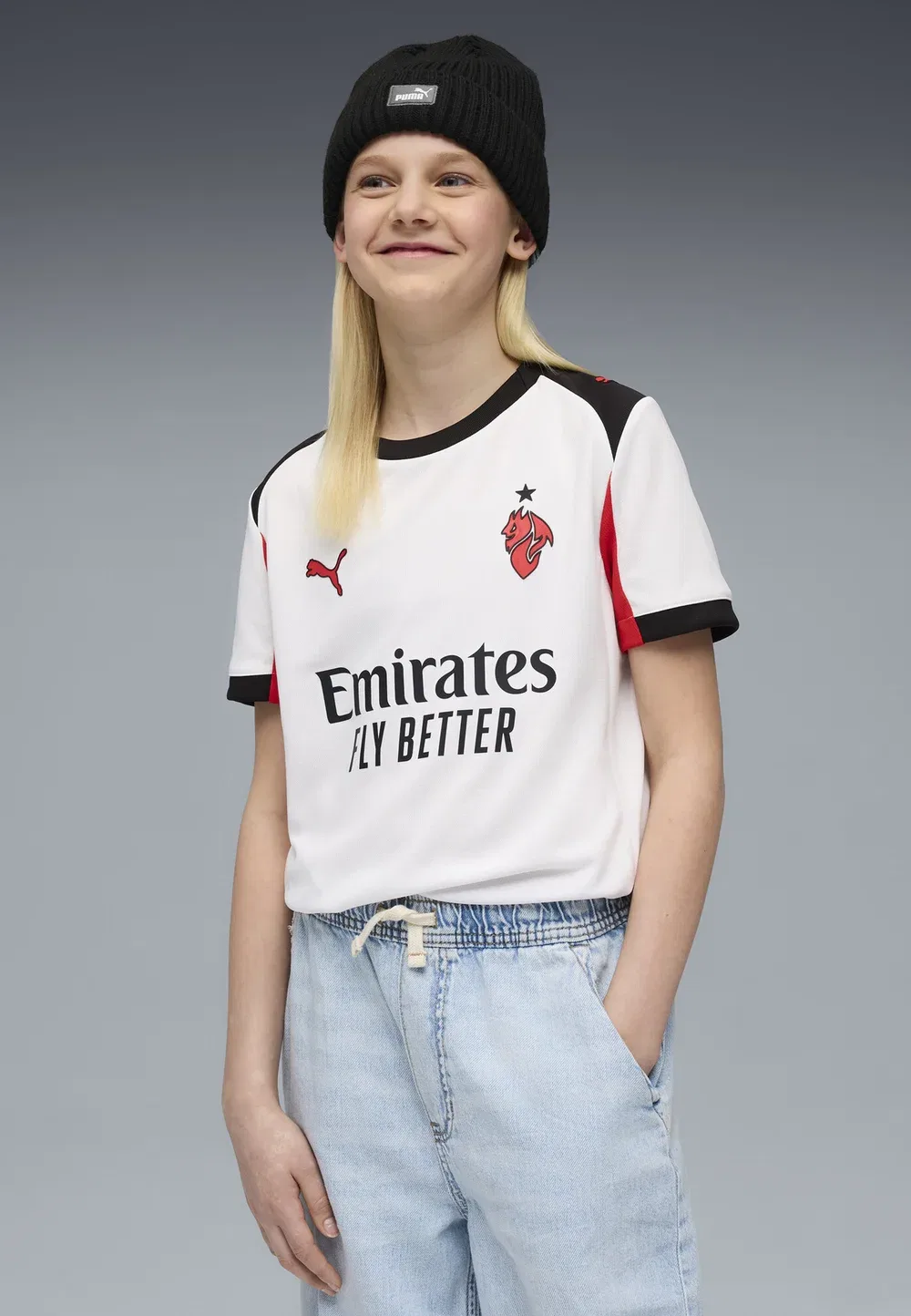 Реплика выездной футболки ACM для юниоров - футбольная майка Puma, Puma White-For All Time Red