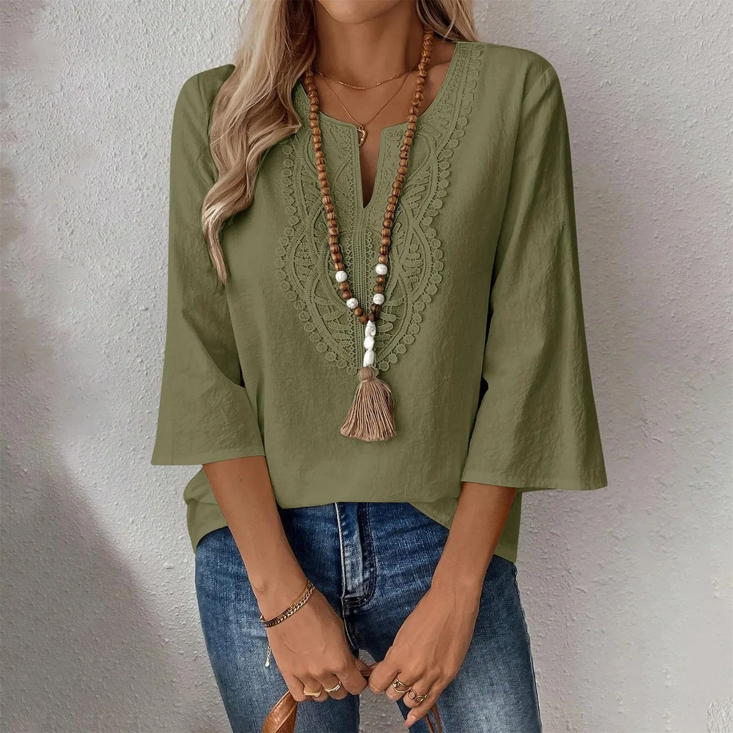 Женская льняная туника с вышивкой Retro 3/4 Sleeve Boho Casual Loose Fit Lightweight Summer Beach Blouse, D-blackish Green — фото 2