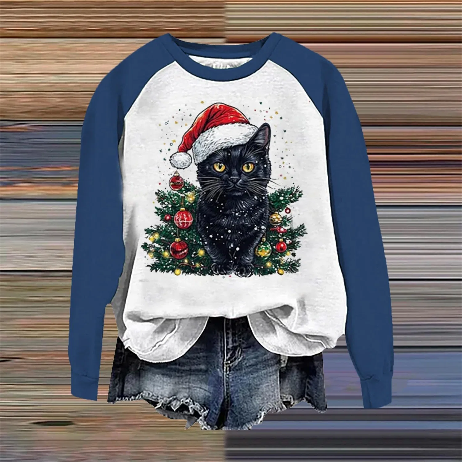 Женский свитшот с принтом Christmas Tree Funny Cat Say What Woman Pullover, Z11 Blue — фото 2