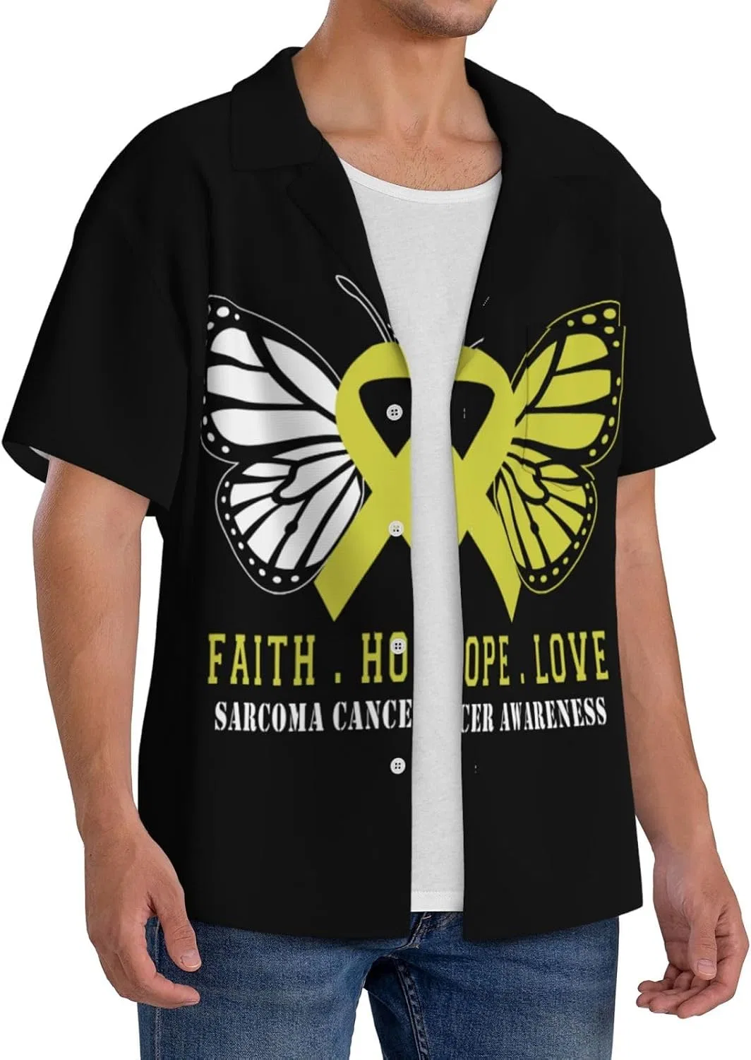 Мужская свободная рубашка с коротким рукавом Cuba воротник Butterfly Sarcoma Awareness, Black — фото 2
