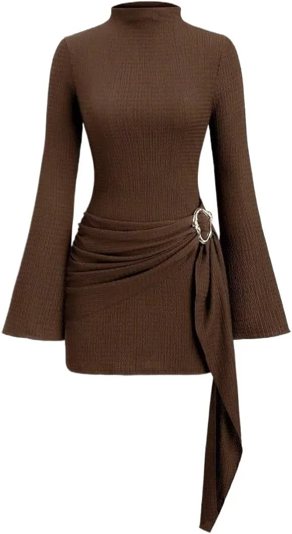 Женское облегающее мини-платье с драпировкой, Long Sleeve, Brown