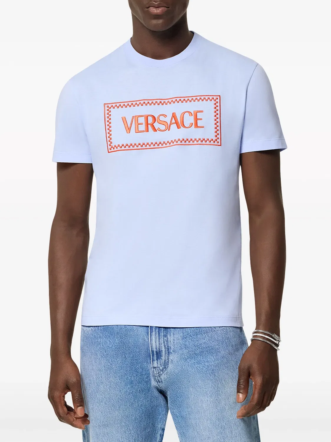 Футболка 90s с вышитым логотипом Versace, голубой — фото 4