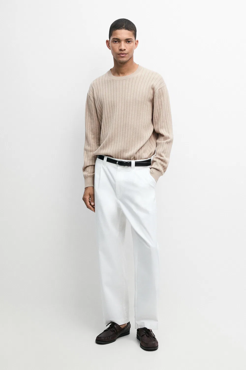 Свитер Massimo Dutti 100% Cotton Ribbed Knit, бежевый — фото 3