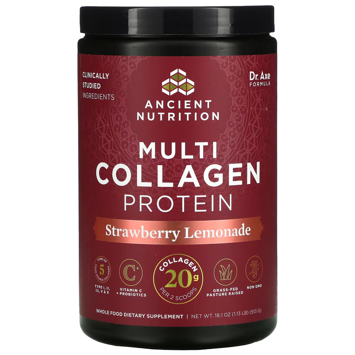 

Dr. Axe / Ancient Nutrition, Multi Collagen Protein, Strawberry Lemonade, 1.18 lbs (535.5 g)