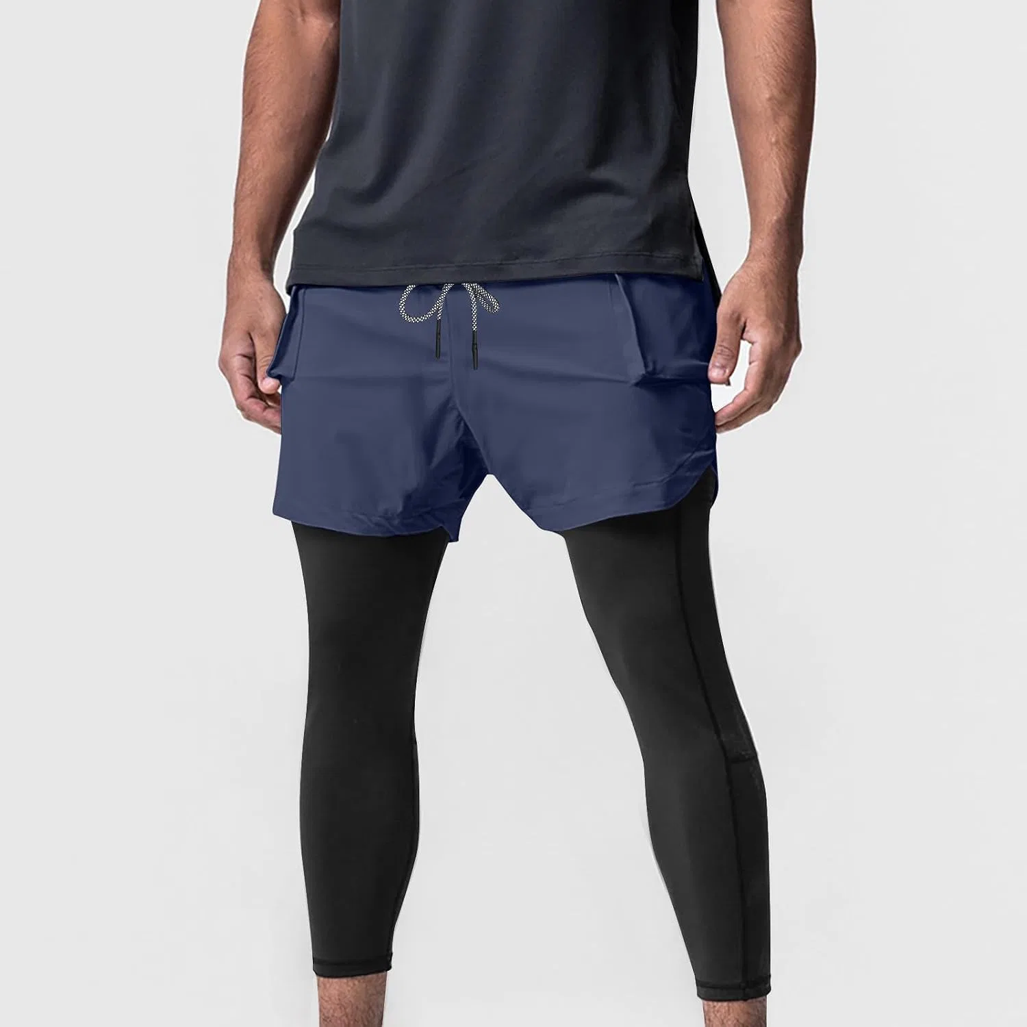 Мужские спортивные штаны 2 в 1 с длинным рукавом, модель Compression Workout Pant, тёмно-синий — фото 2