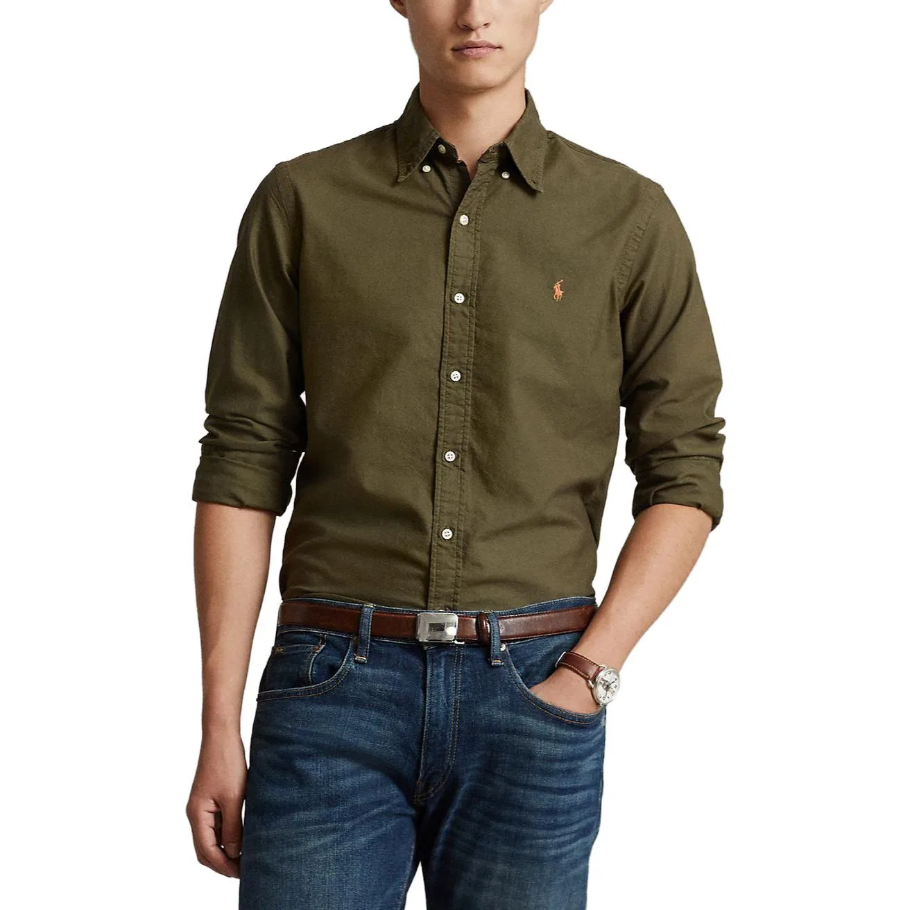 Рубашка мужская, повседневная, модель SS23, Polo Ralph Lauren, Olive Green — фото 4